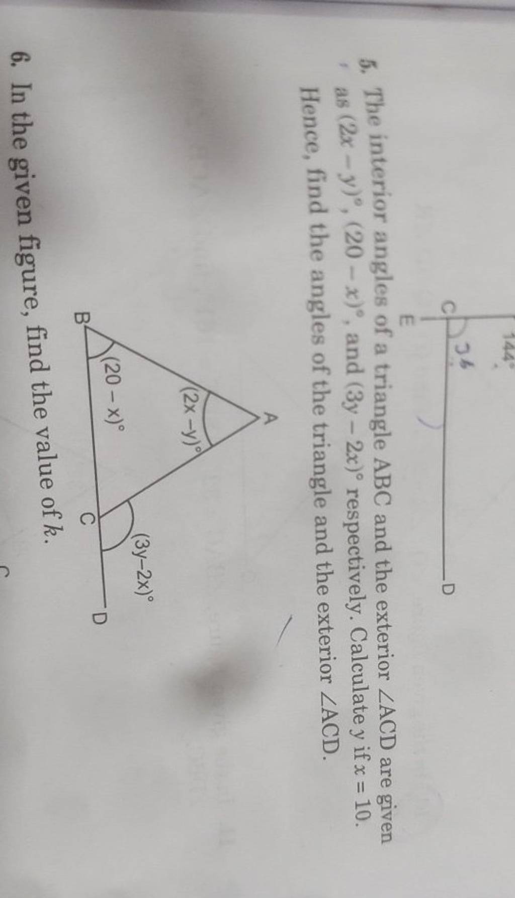 5. The interior angles of a triangle ABC and the exterior ∠ACD are given