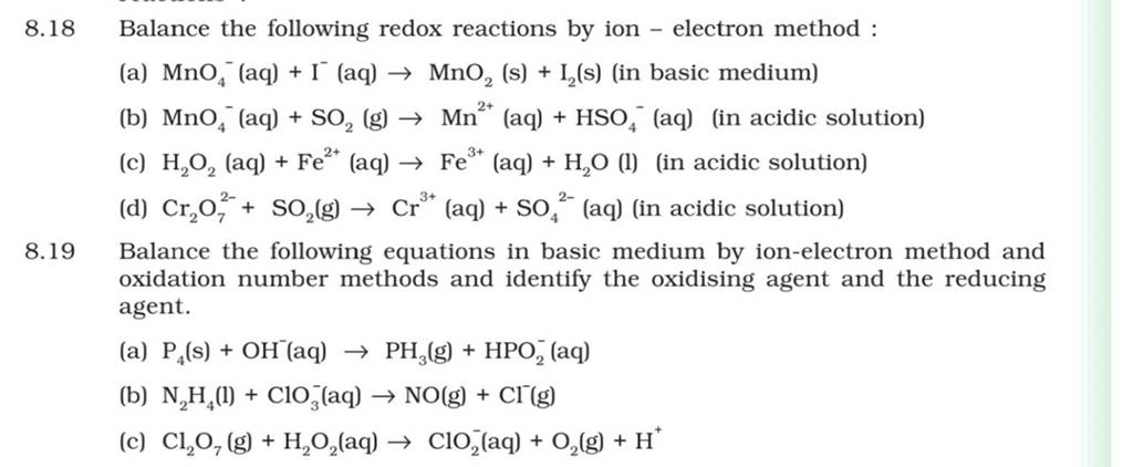 8.18 Balance The Following Redox Reactions By Ion - Electron Method