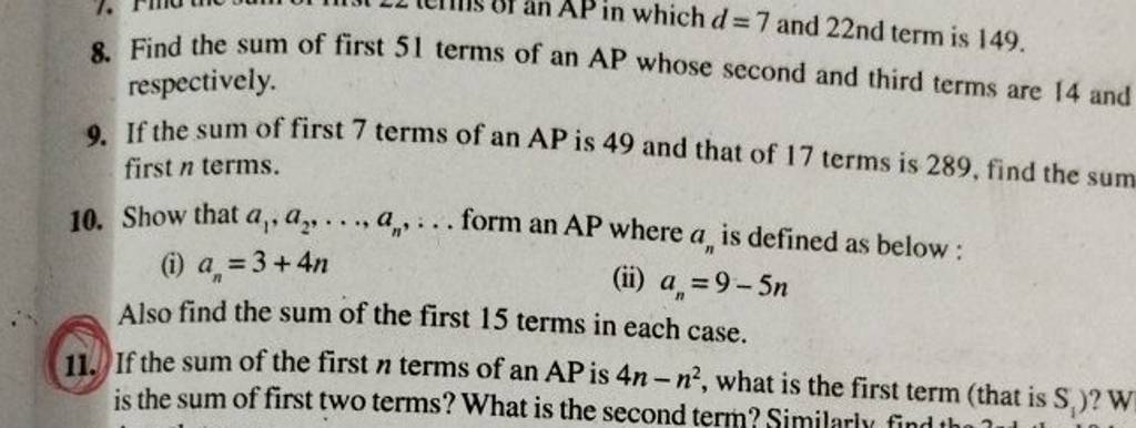 8. Find the sum of first 51 terms of an AP whose second and third terms a..