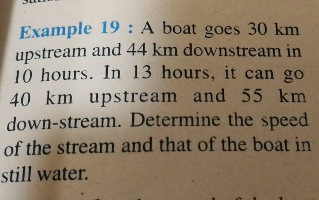 Example 19: A boat goes 30 km upstream and 44 km downstream in 10 hours.