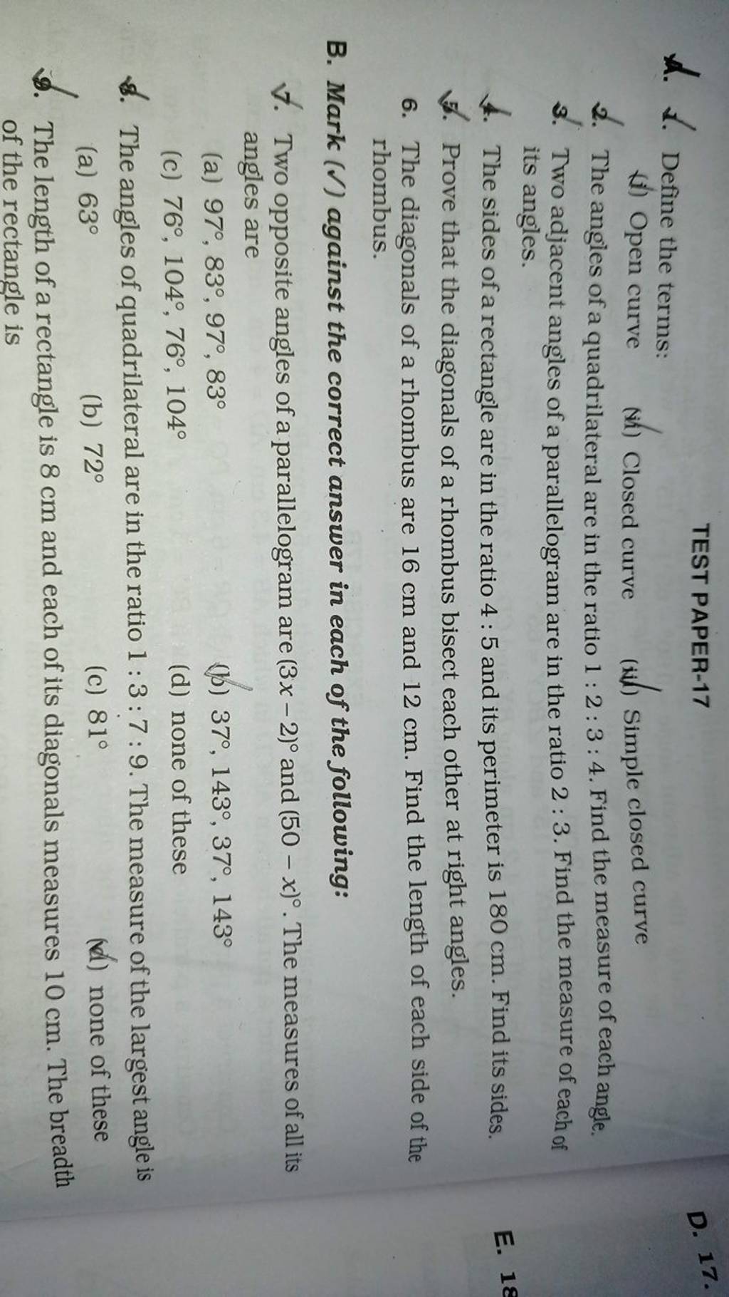 4. \. Define the terms TEST PAPER17 (i) Open curve 2. The angles of a q..