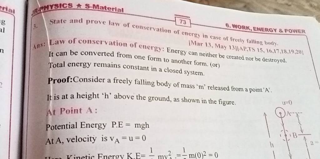 3. State And Prove Law Of Conservation Of Energy In Case Of Freely Fallin..