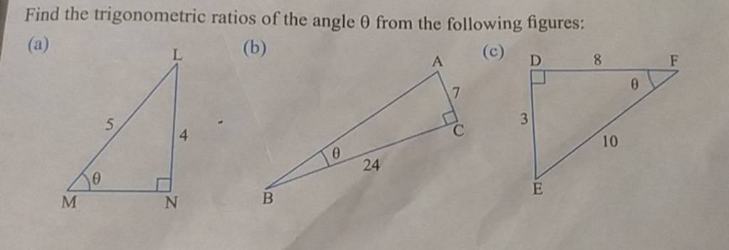 Find the trigonometric ratios of the angle θ from the following figures: