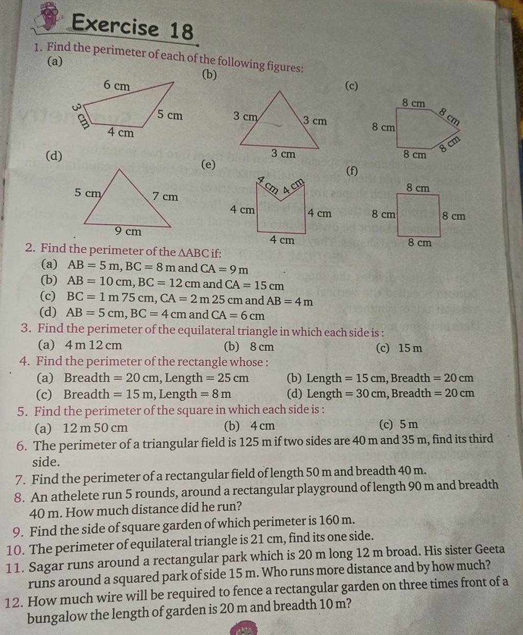 Exercise 18 1. Find the perimeter of each of the following figures: (a)