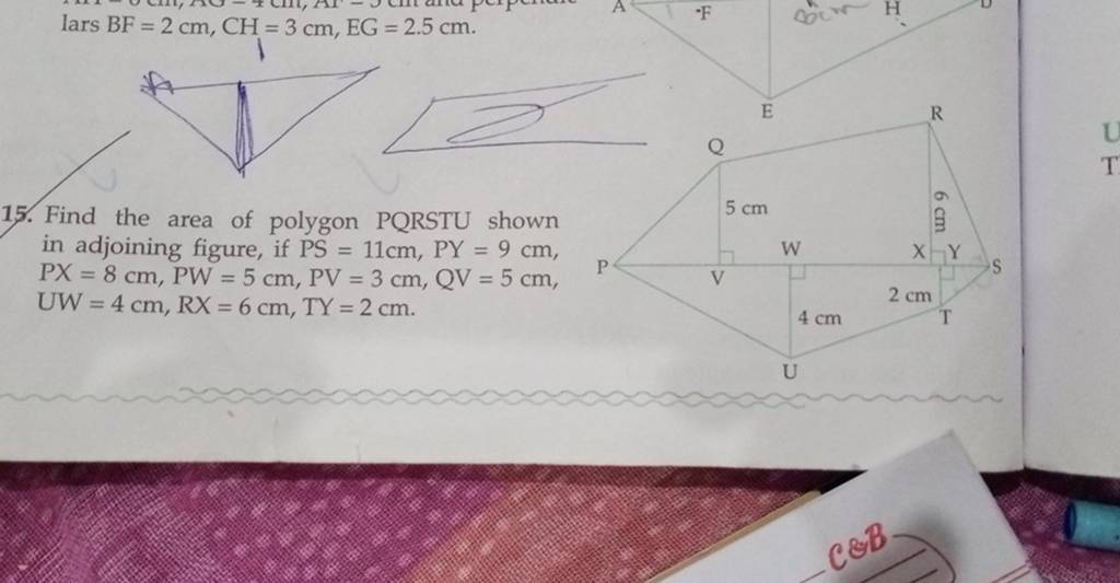15. Find the area of polygon PQRSTU shown in adjoining figure, if PS=11 c..
