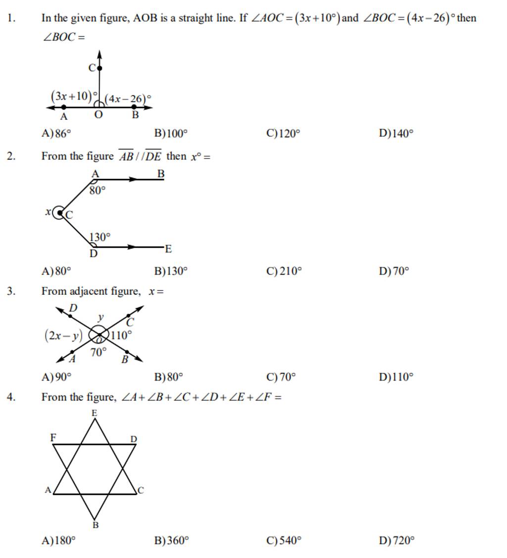 1 In The Given Figure Aob Is A Straight Line If ∠aoc3x10∘ And ∠boc 0849