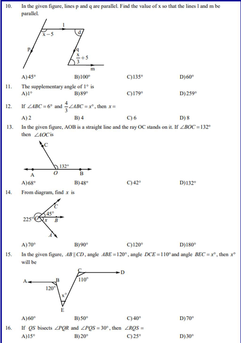 10. In the given figure, lines p and q are parallel. Find the value of x