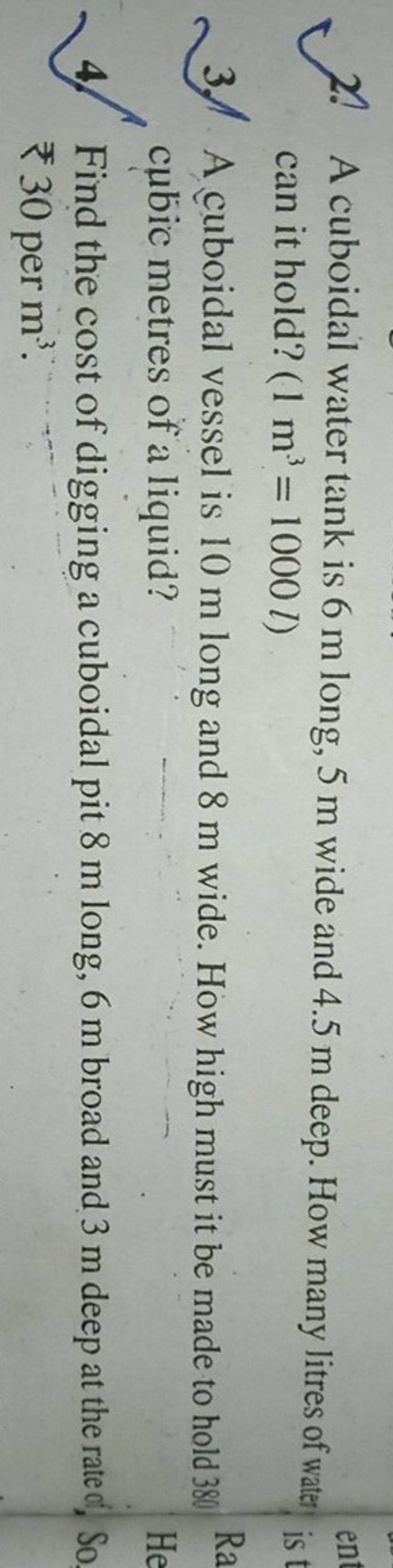 2. A cuboidal water tank is 6 m long, 5 m wide and 4.5 m deep. How many l..