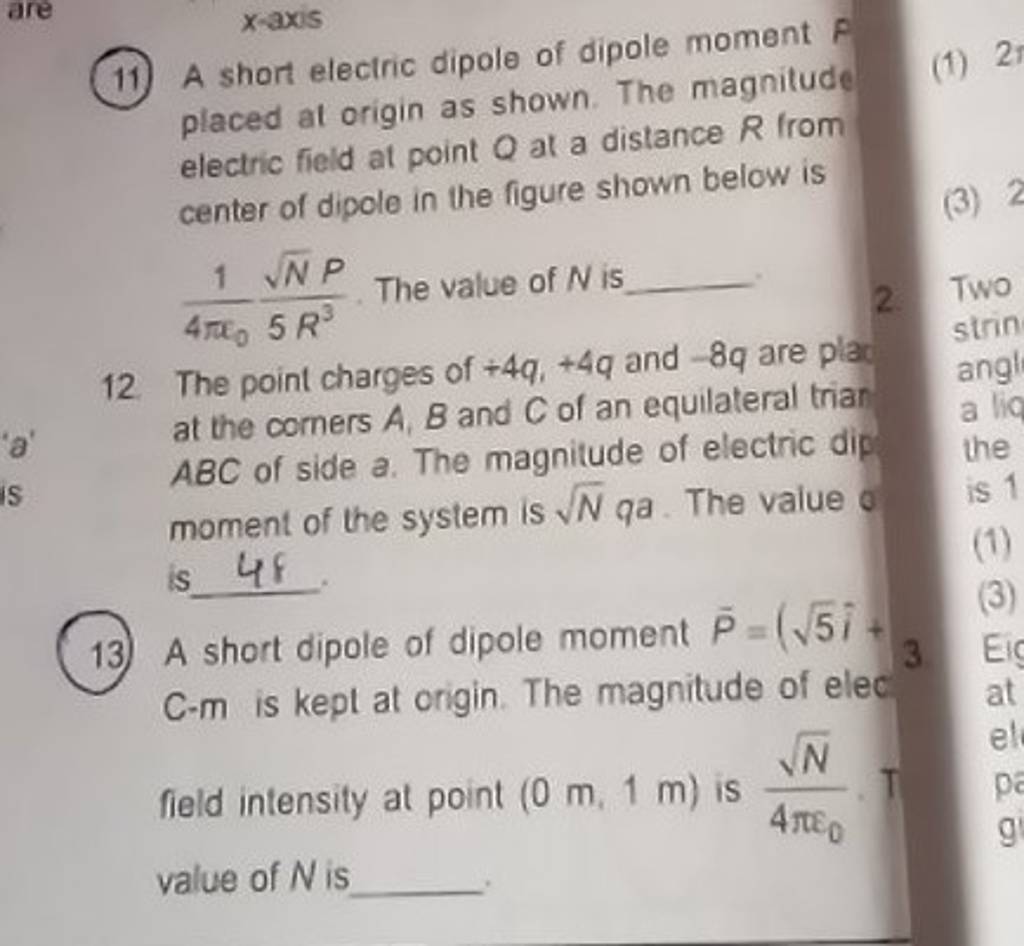 (11) A Short Electric Dipole Of Dipole Moment P Placed At Origin As Shown..