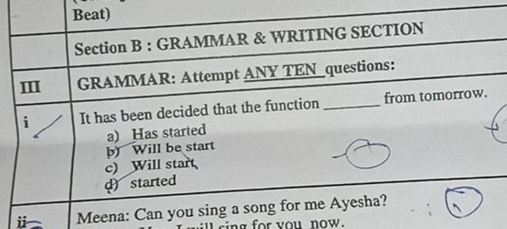 Section B : GRAMMAR \& WRITING SECTION GRAMMAR: Attempt ANY TEN Question..