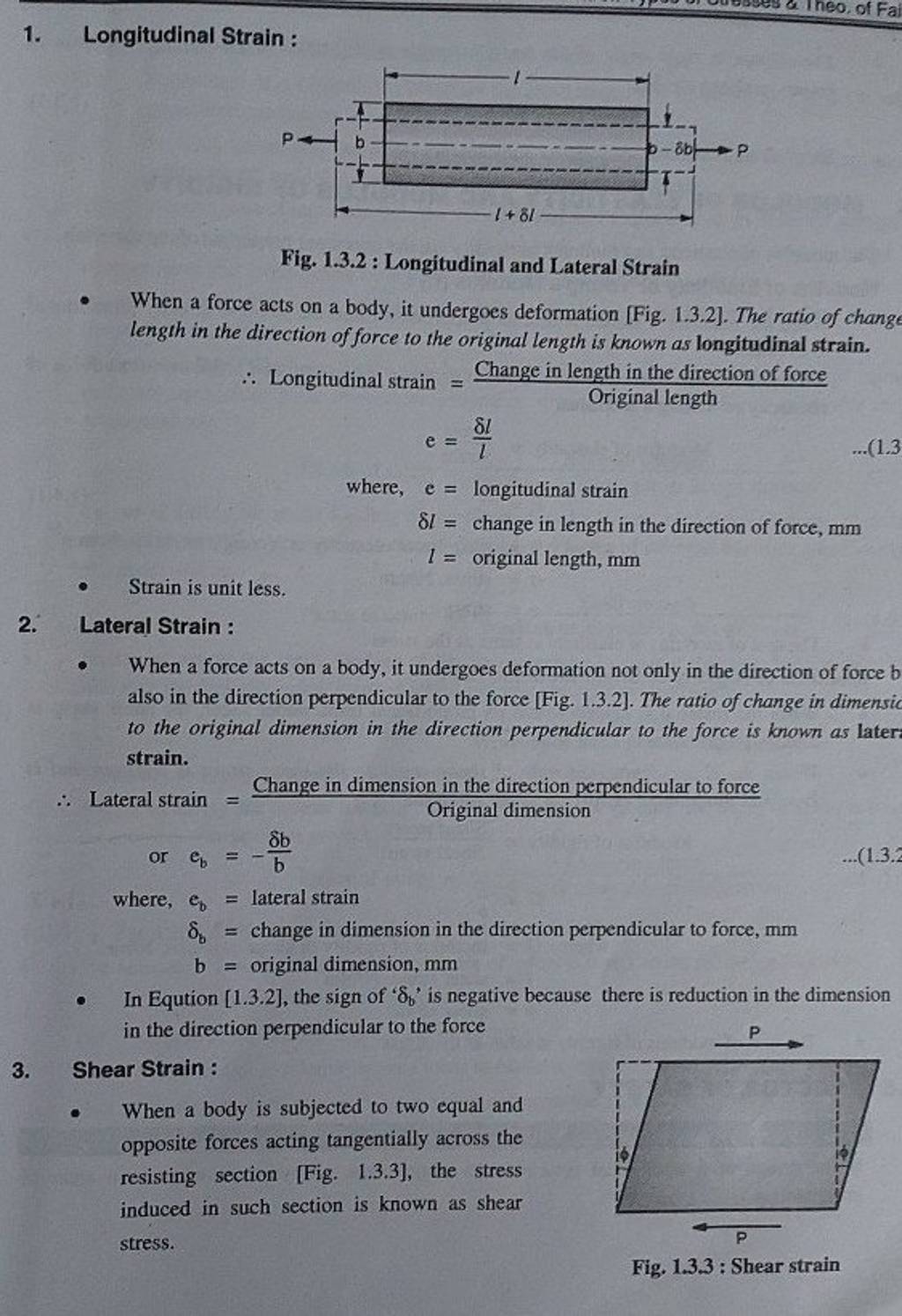 1. Longitudinal Strain : Fig. 1.3.2 : Longitudinal and Lateral Strain Whe..
