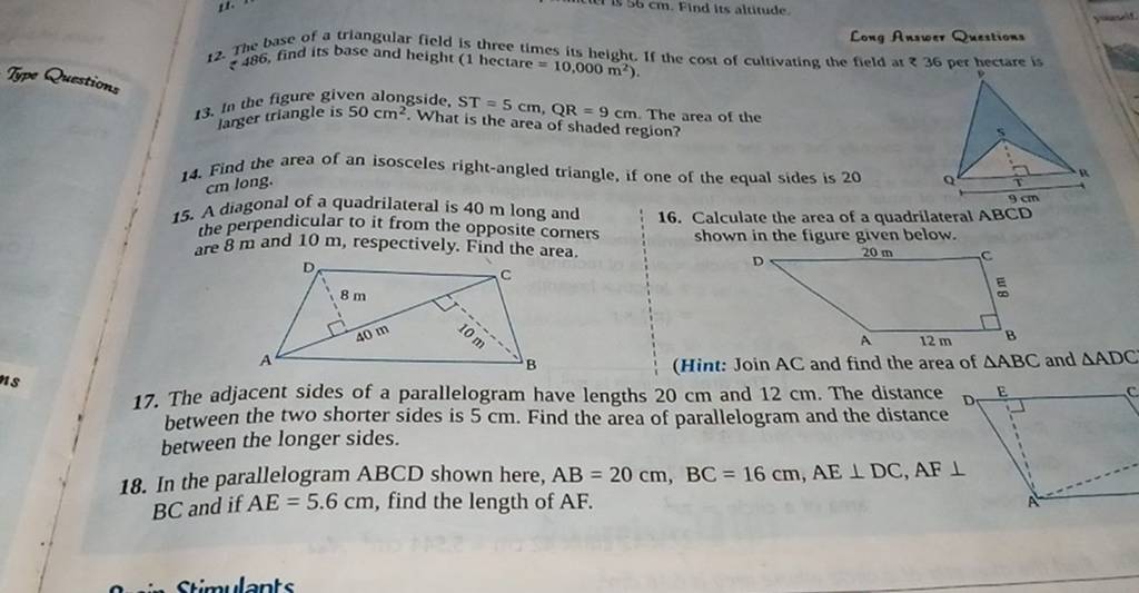22. The base of a triangular field is three times its height. If the 12.