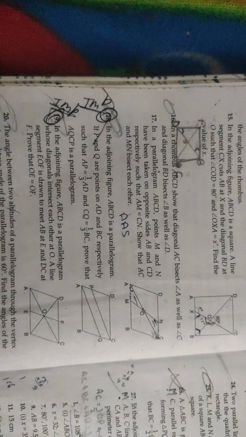 the angles of the rhombus. 15. In the adjoining figure, ABCD is a square...