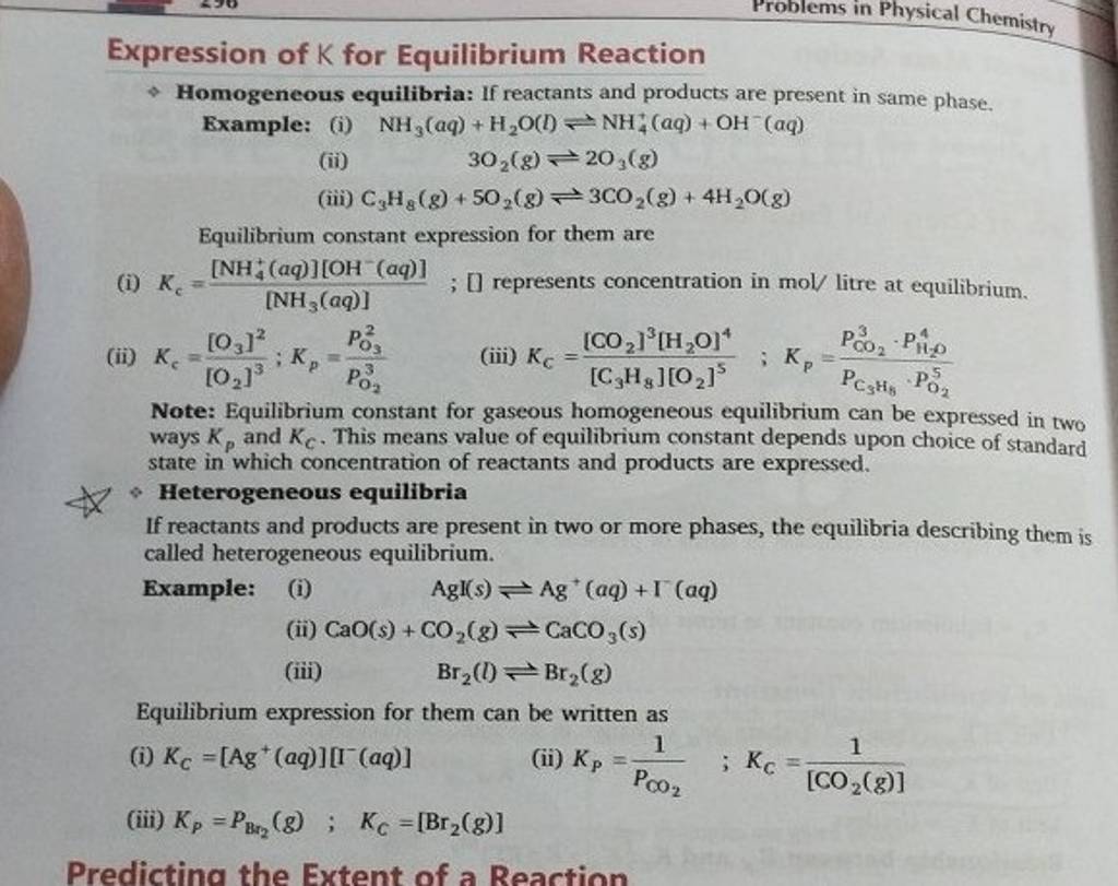 Expression of K for Equilibrium Reaction Homogeneous equilibria If rea..