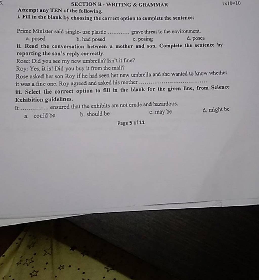 SECTION B - WRITING \& GRAMMAR 1×10−10 Attempt Any TEN Of The Following.