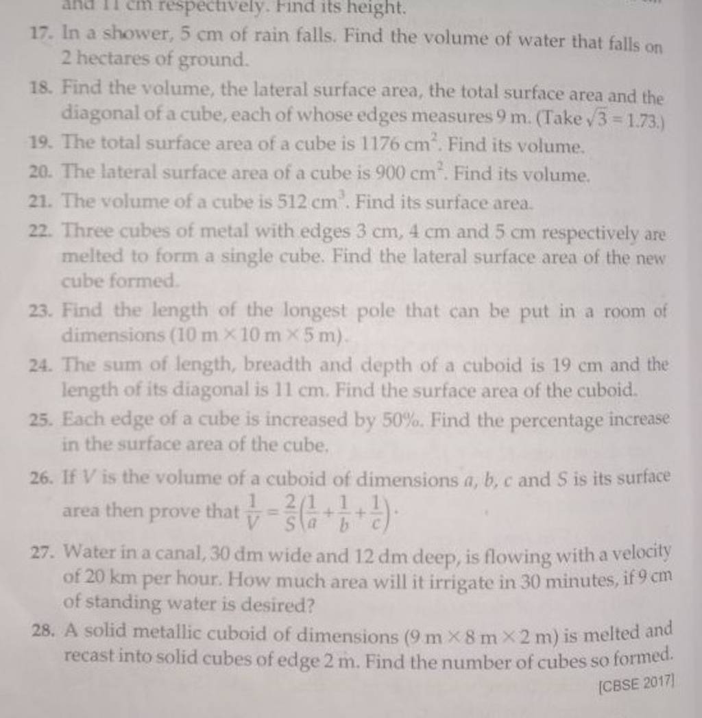 17. In a shower, 5 cm of rain falls. Find the volume of water that falls