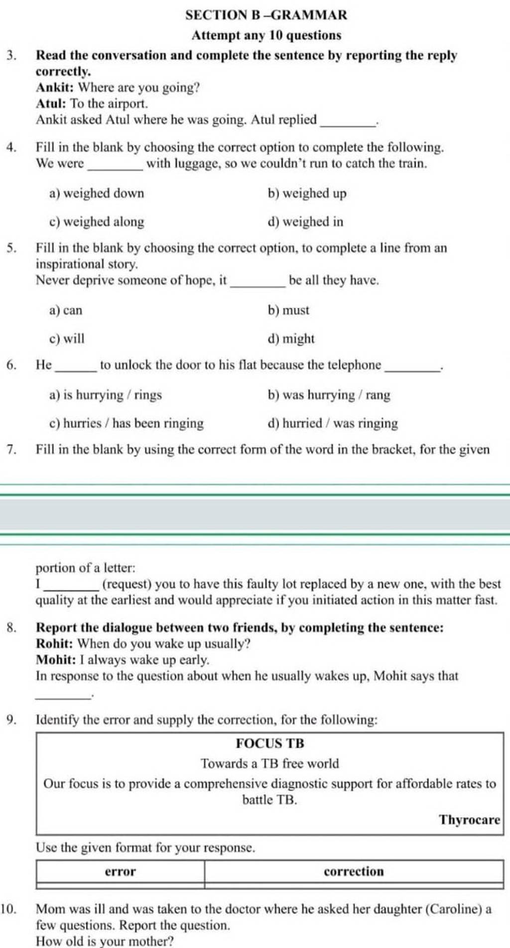 SECTION B-GRAMMAR Attempt Any 10 Questions 3. Read The Conversation And C..