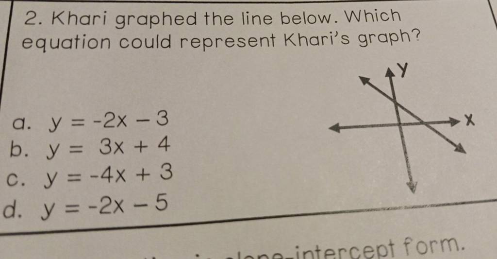 Khari graphed the line below. Which equation could represent Khari's g