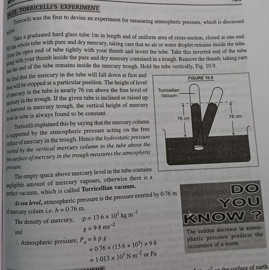10.13. TORRICELLI'S EXPERIMENT Torricelli was the first to devise an expe..