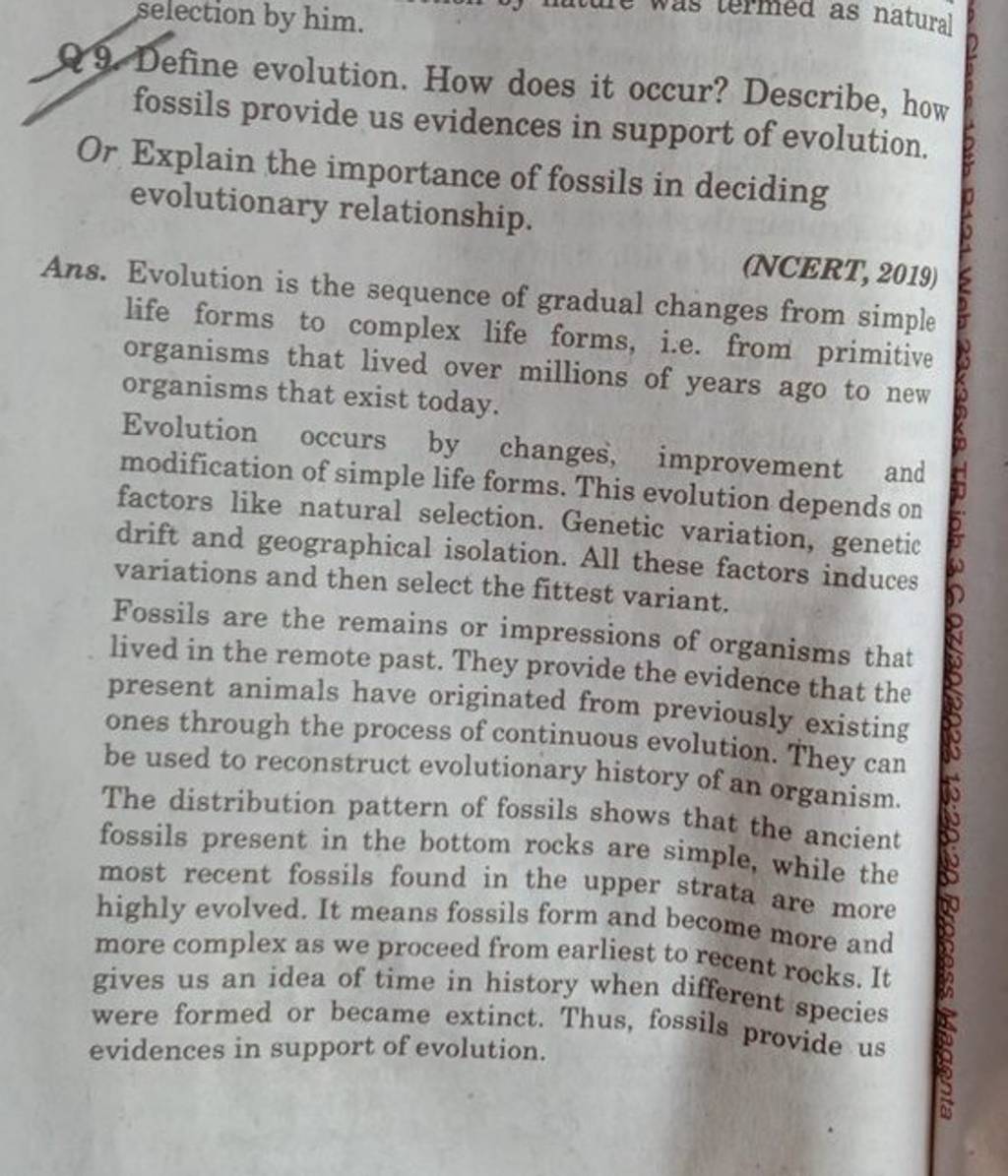 9. Define evolution. How does it occur? Describe, how fossils provide us