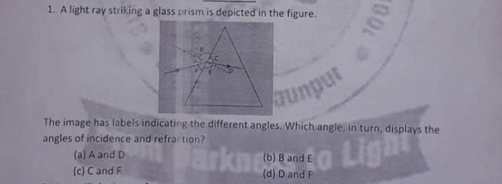 a light ray striking a glass prism is depicted in the figure