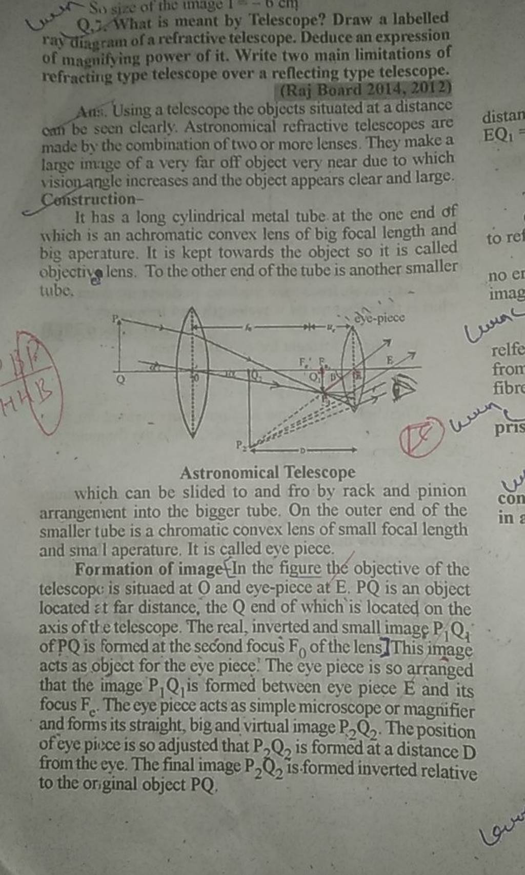 9. Q,5. What is meant by Telescope? Draw a labelled ray diagram of a refr..