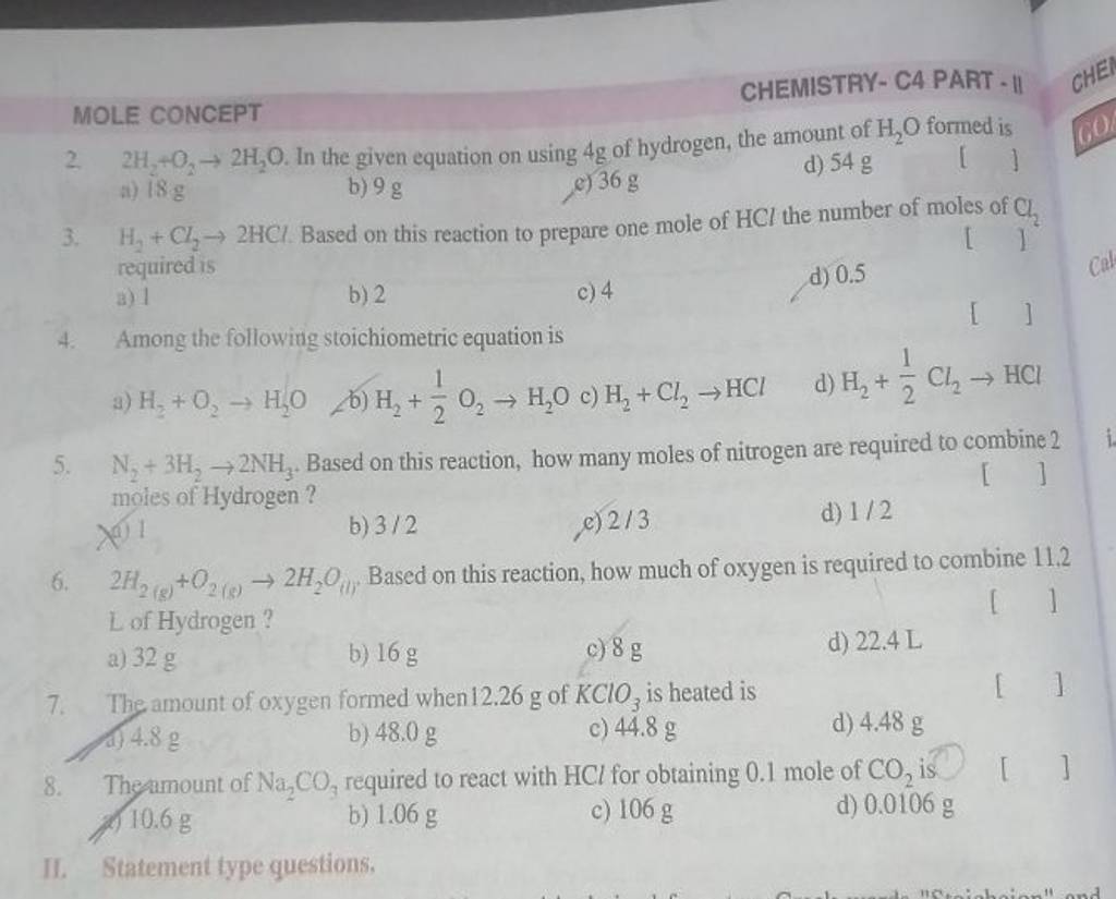 H2 +Cl2 →2HCl. Based on this reaction to prepare one mole of HCl the numb..