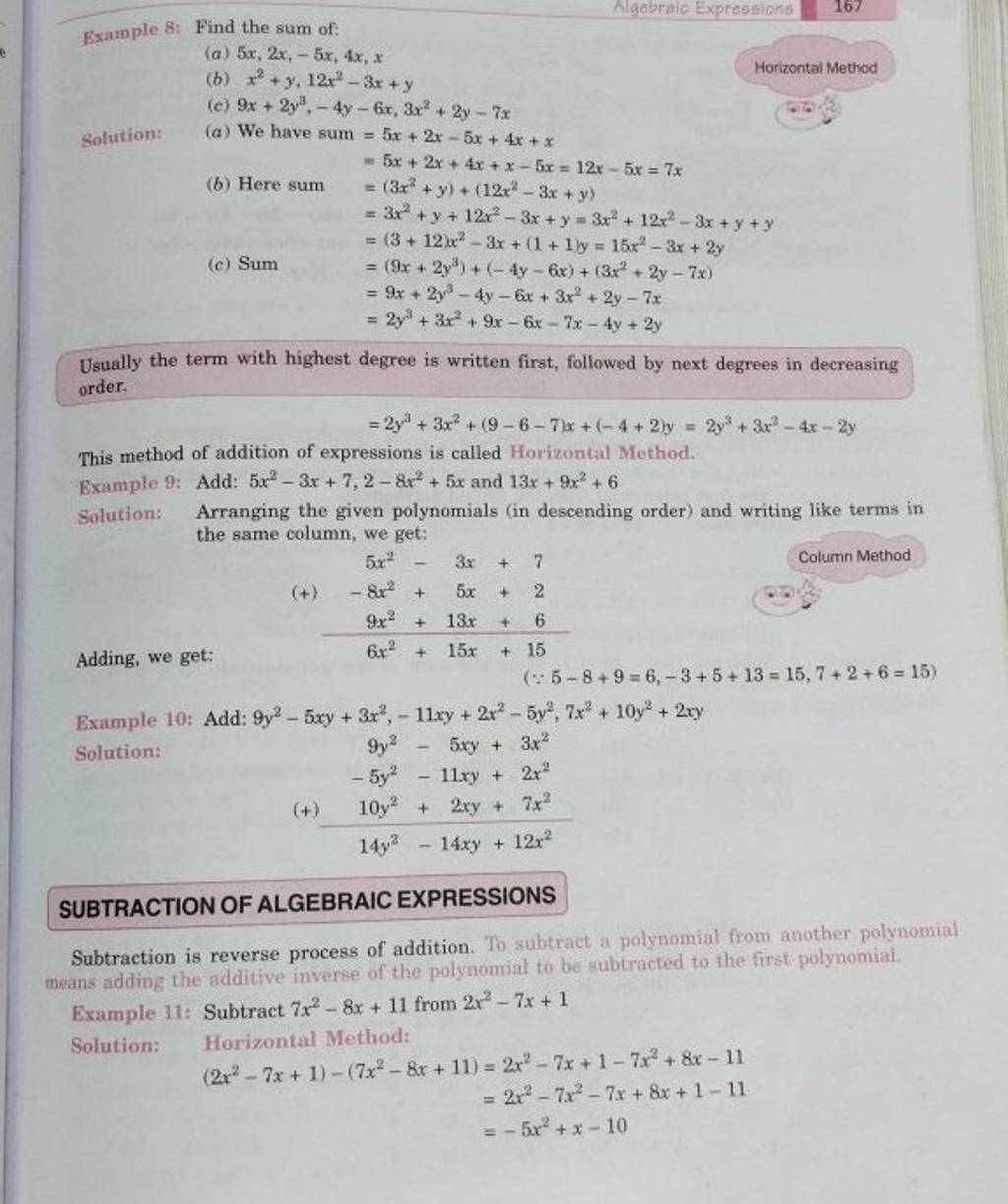 Example 8 Find The Sum Of A 5x 2x −5x 4x X B X2 Y 12x2−3x Y C 9x