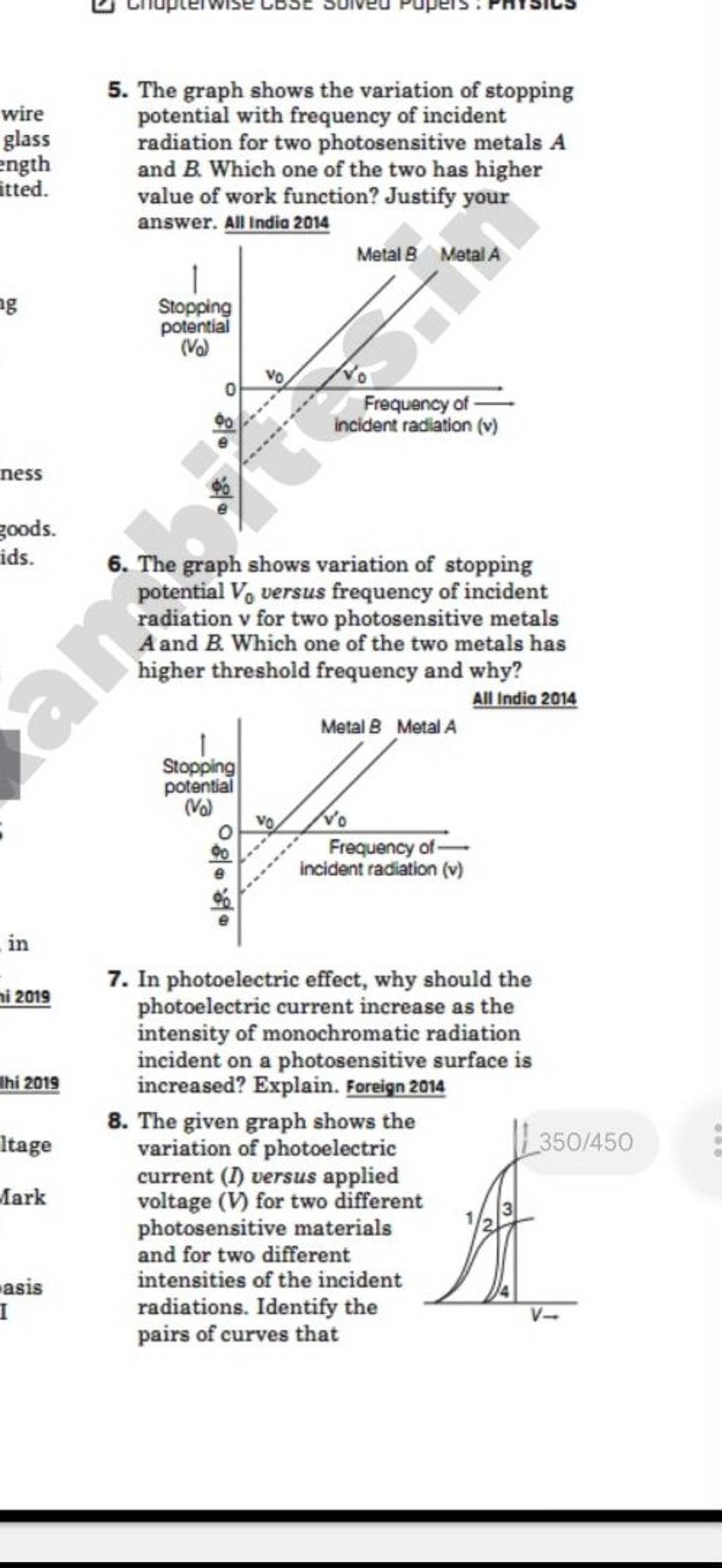 5. The graph shows the variation of stopping potential with frequency of