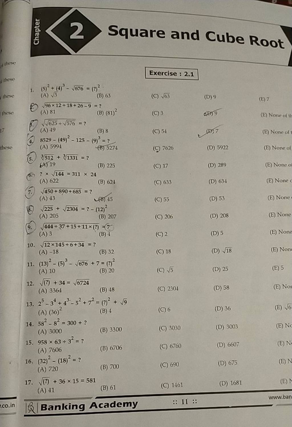 Square and Cube Root these Exercise : 2.1 these 1. (5)2+(4)3−676 =(2)2.
