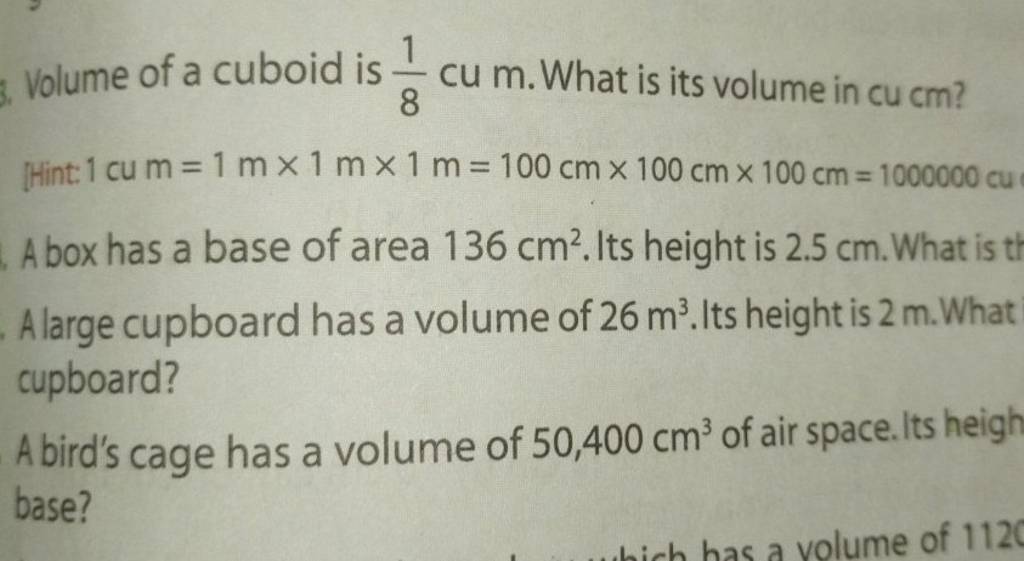 Volume of a cuboid is 81 cu m. What is its volume in cu cm? Hint: 1 cu m..