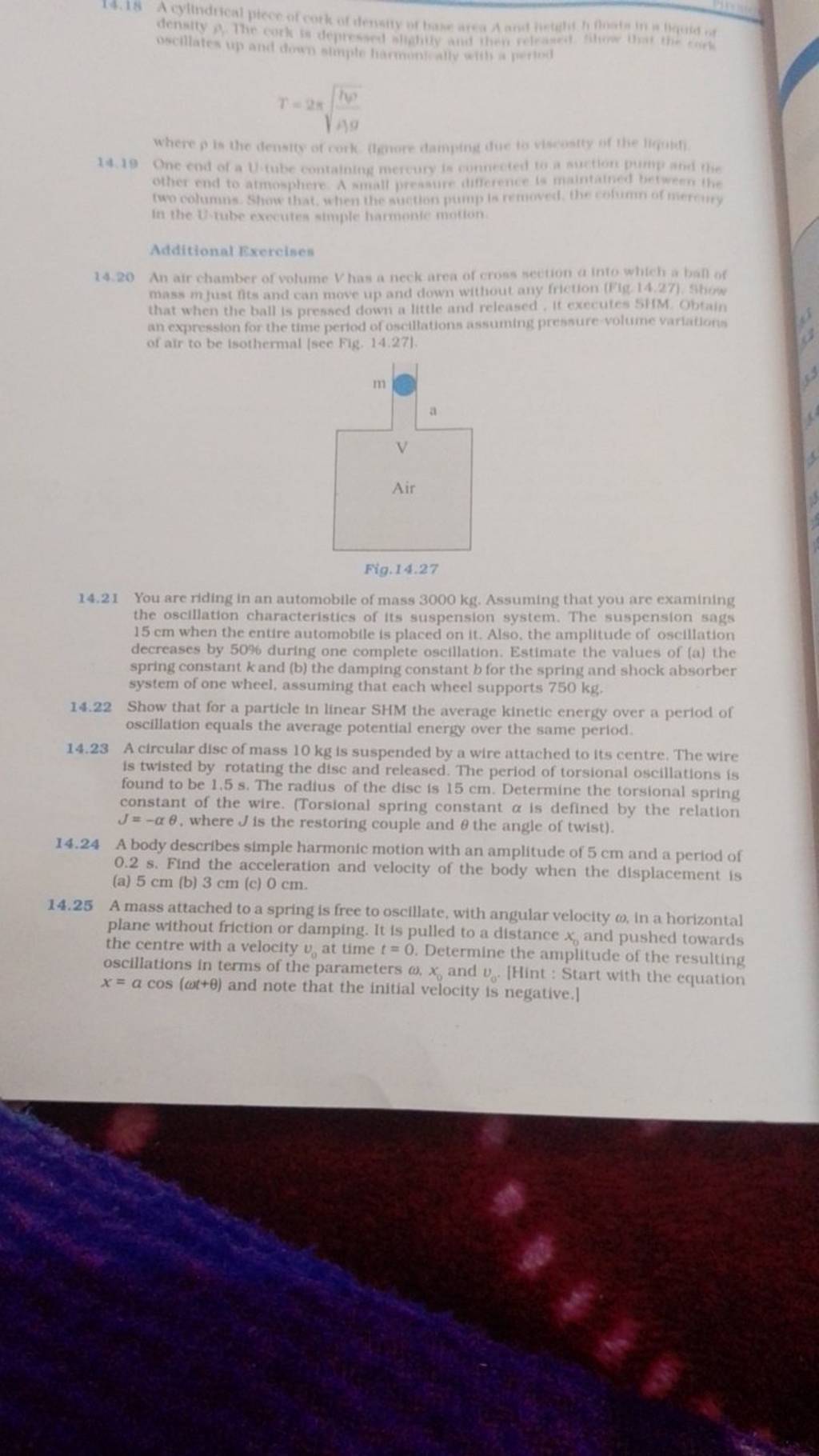 14.18 Acylindrical piece of cork of density of base area Aand hetght hate..