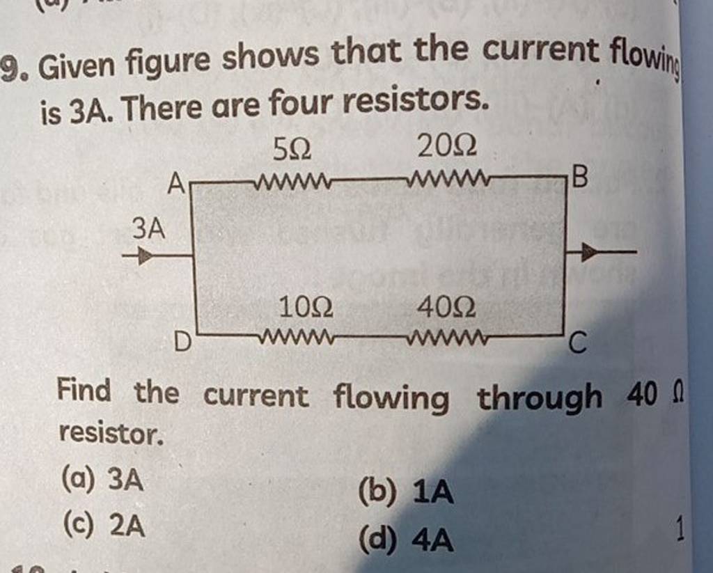 9. Given figure shows that the current flowing is 3A. There are four resi..