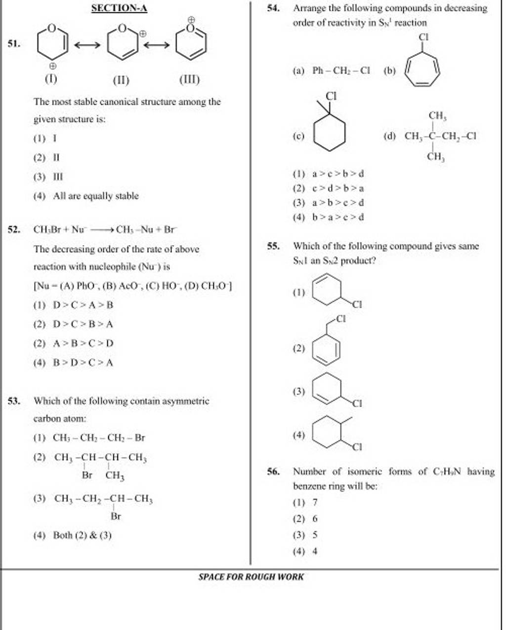 SECTION-A 54. Arrange the following compounds in decreasing 51. order of