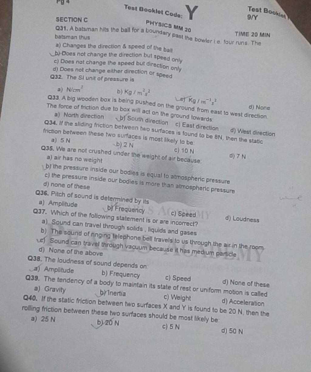 SECTION C PHYSICS MM 20 Tost Booklot Codo Test Boohlot, Q31. A batsman h..