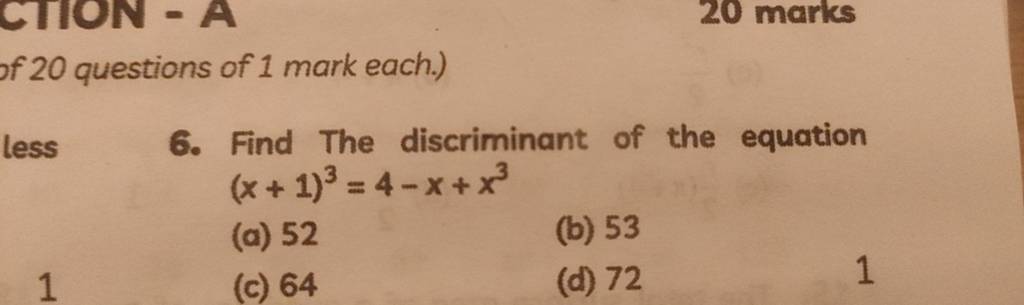 20 Questions Of 1 Mark Each 6 Find The Discriminant Of The Equation X 9996