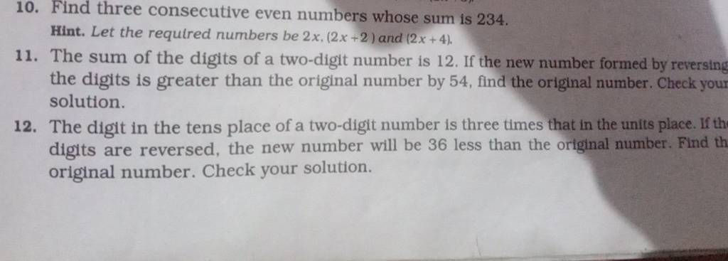 10 Find three Consecutive Even Numbers Whose Sum Is 234 Hint Let The