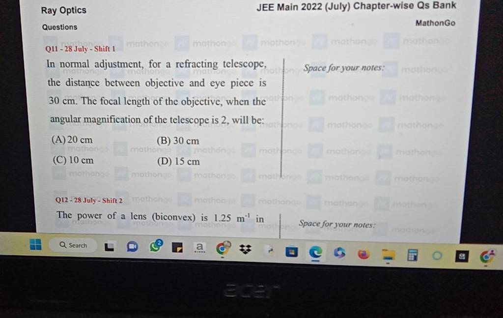 Ray Optics JEE Main 2022 (July) Chapterwise Qs Bank Questions MathonGo Q..