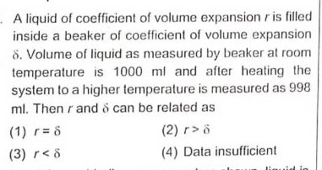A liquid of coefficient of volume expansion r is filled inside a beaker o..