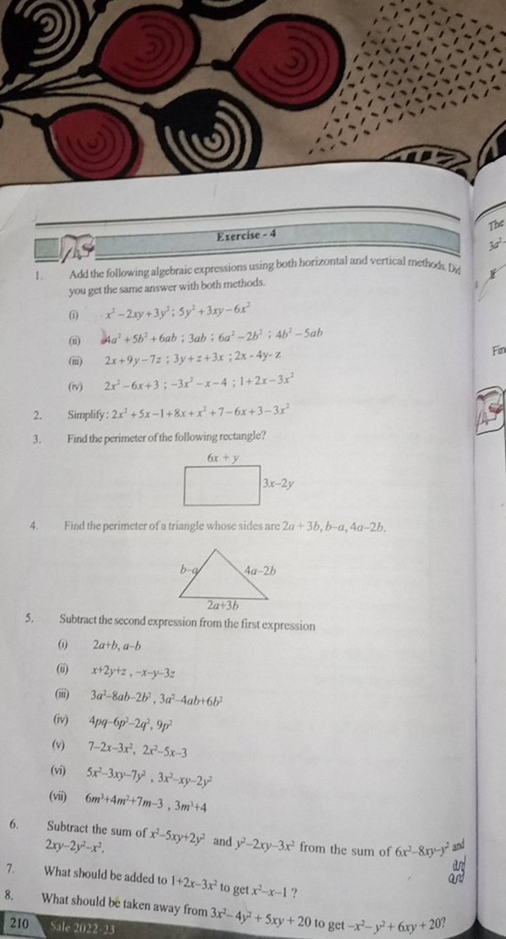 1. Add the following algebraic expressions using both horizontal and vert..