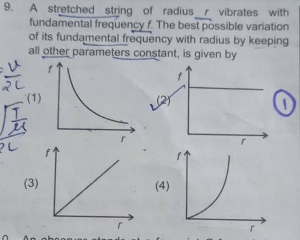 A stretched string of radius r vibrates with fundamental frequency f. The..