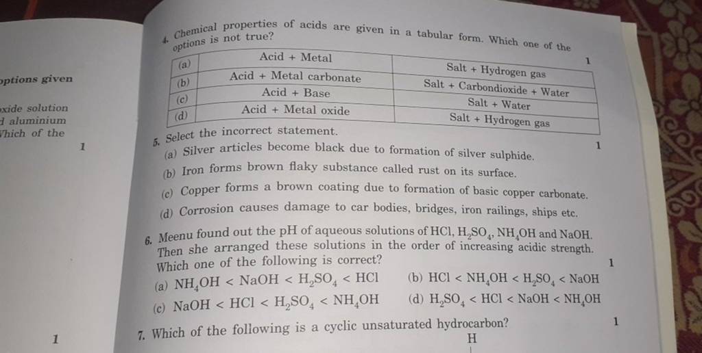 Chemical Properties Of Acids Are Given In A Tabular Form Which One Of Th 4159