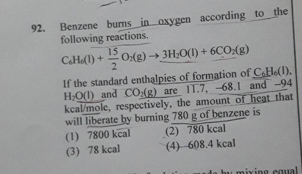Benzene burns in oxygen according to the following reactions. C6 H6 (l)+2..