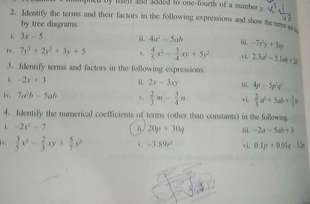 2. Identify the terms and their factors in the following expressions and