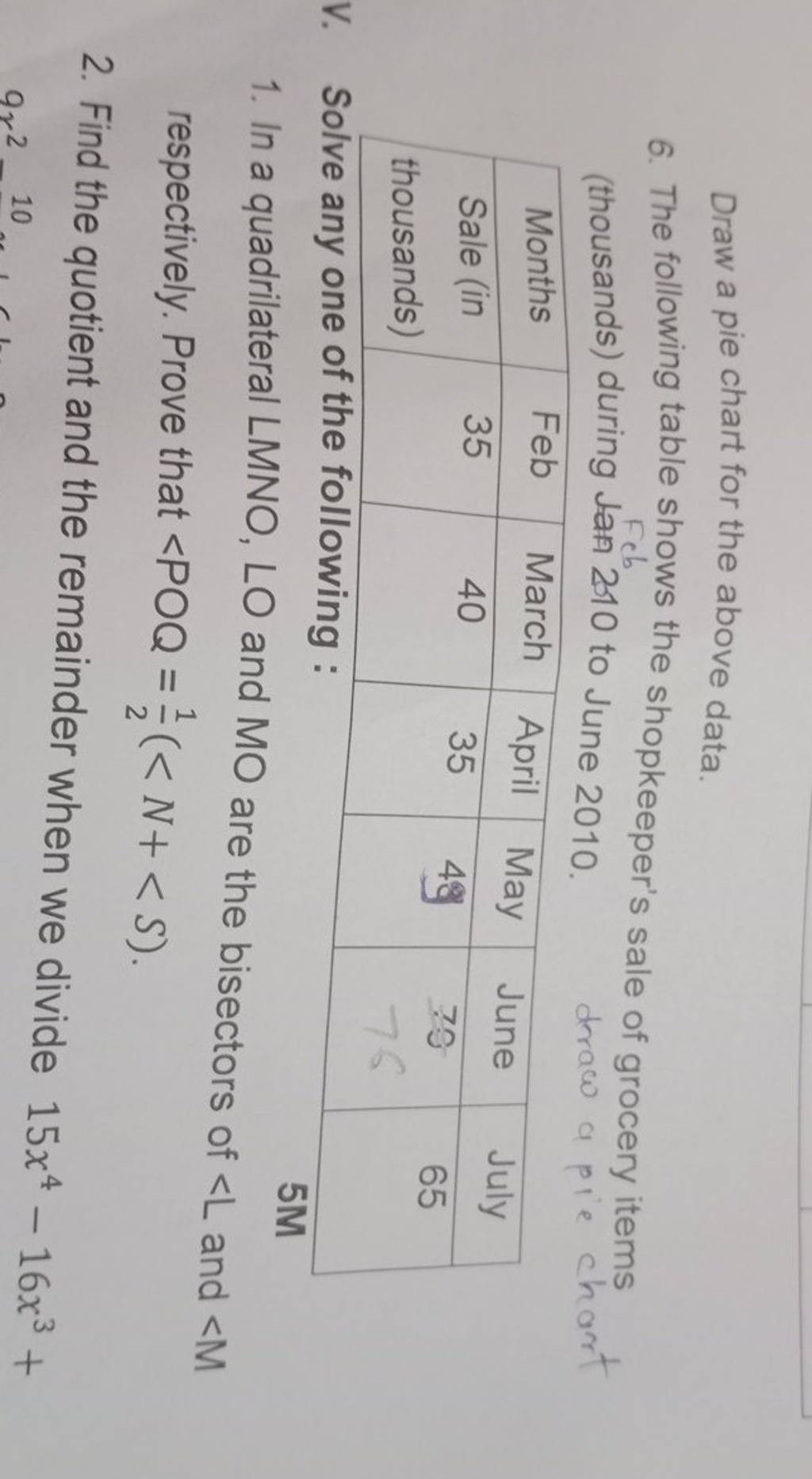 Solved For the data shown on the following table, determine