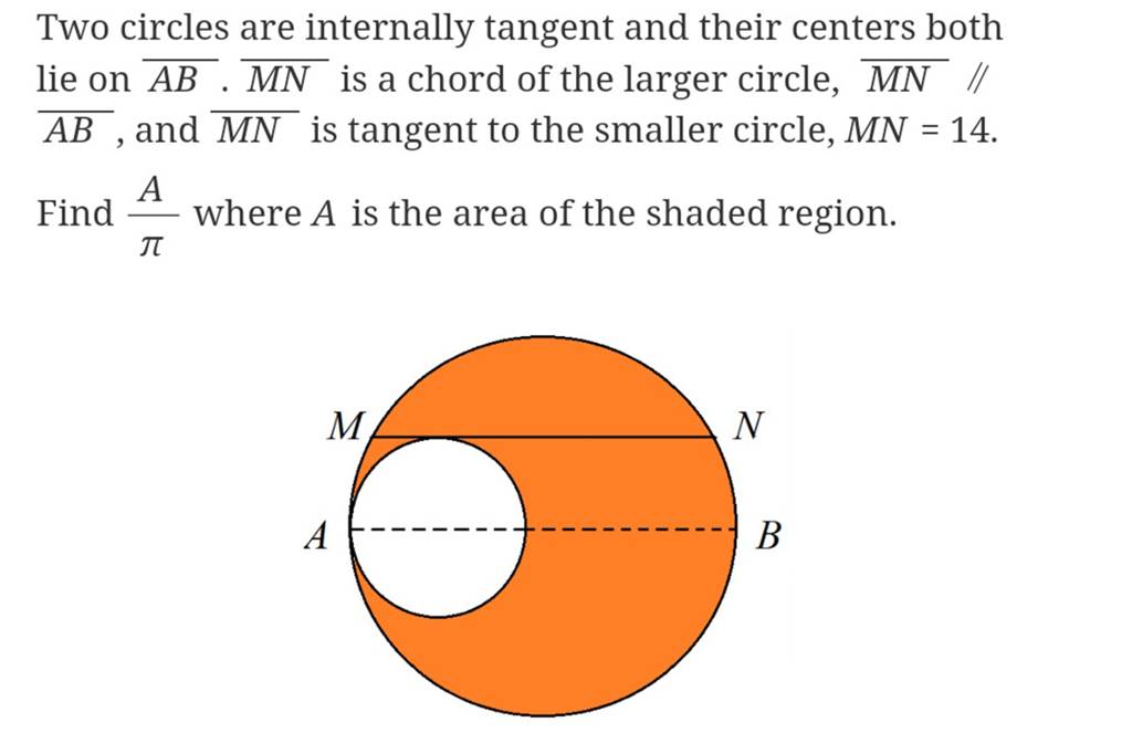 Two circles are internally tangent and their centers both lie on AB.MN is..