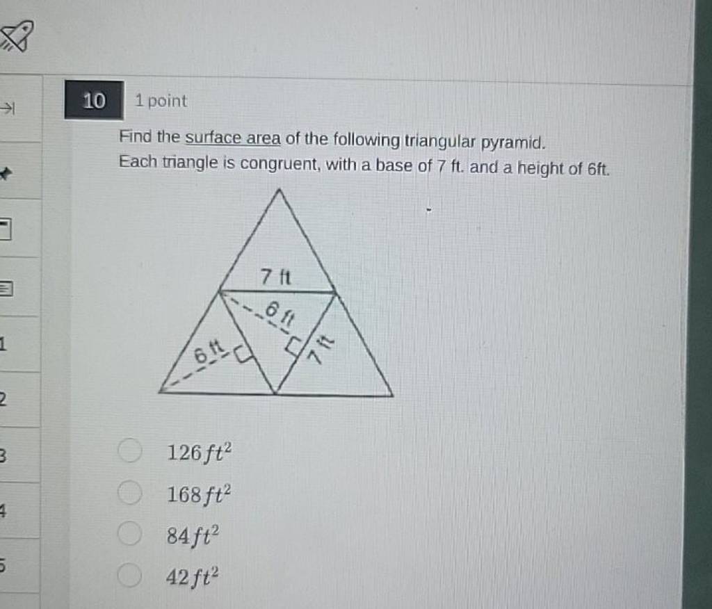 101 point
Find the surface area of the following triangular pyramid. E