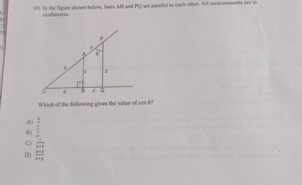 10) In the figure shown below, lines AB and PQ are parallel to each other..
