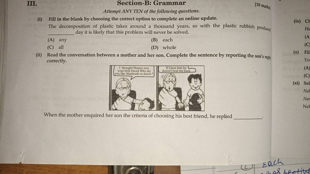 Section-B: Grammar Attempt ANY TEN Of The Following Questions. (i) Fill I..