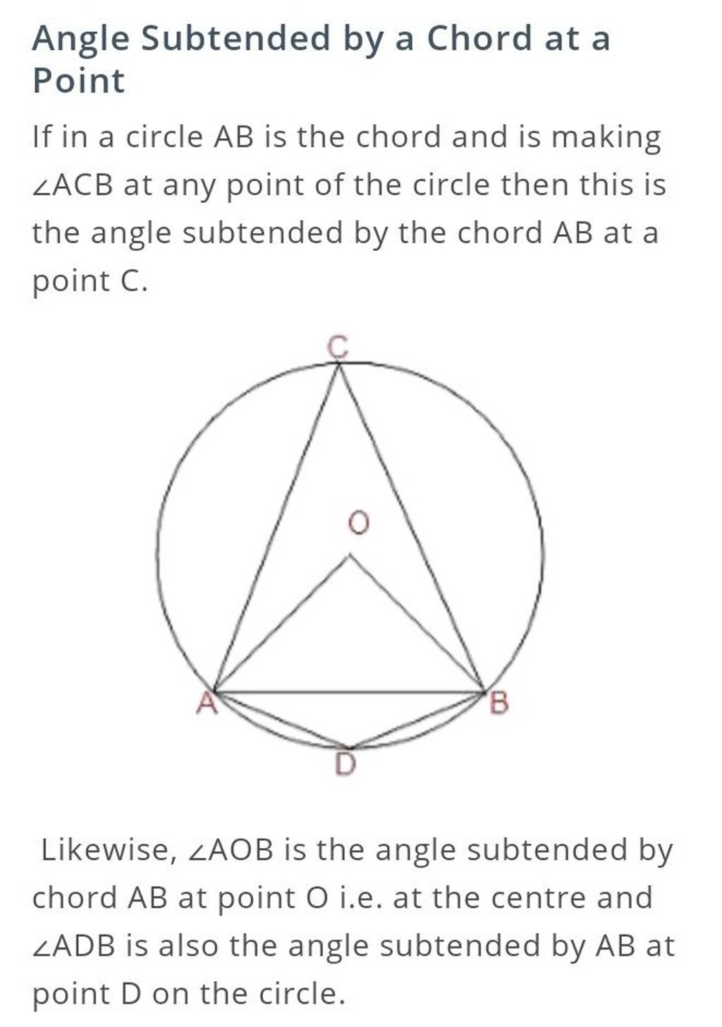 Angle Subtended by a Chord at a Point If in a circle AB is the chord and